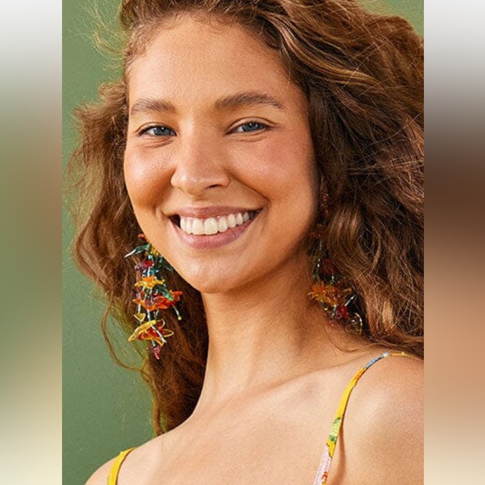 beaded floral tropical dangling earrings for FARM Rio Ad. Gold back